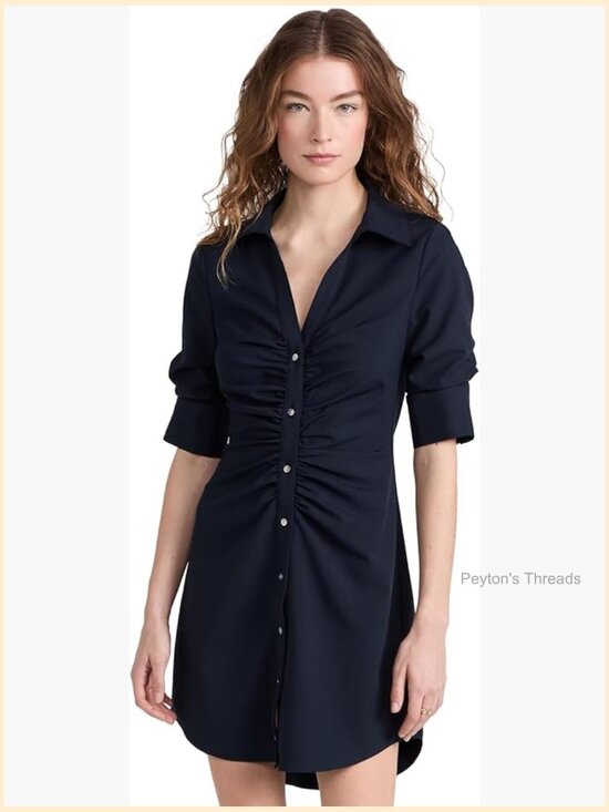 Dresses & Skirts - Navy Sheath Dress with Button Front and Collar Neck, 3/4 Sleeve